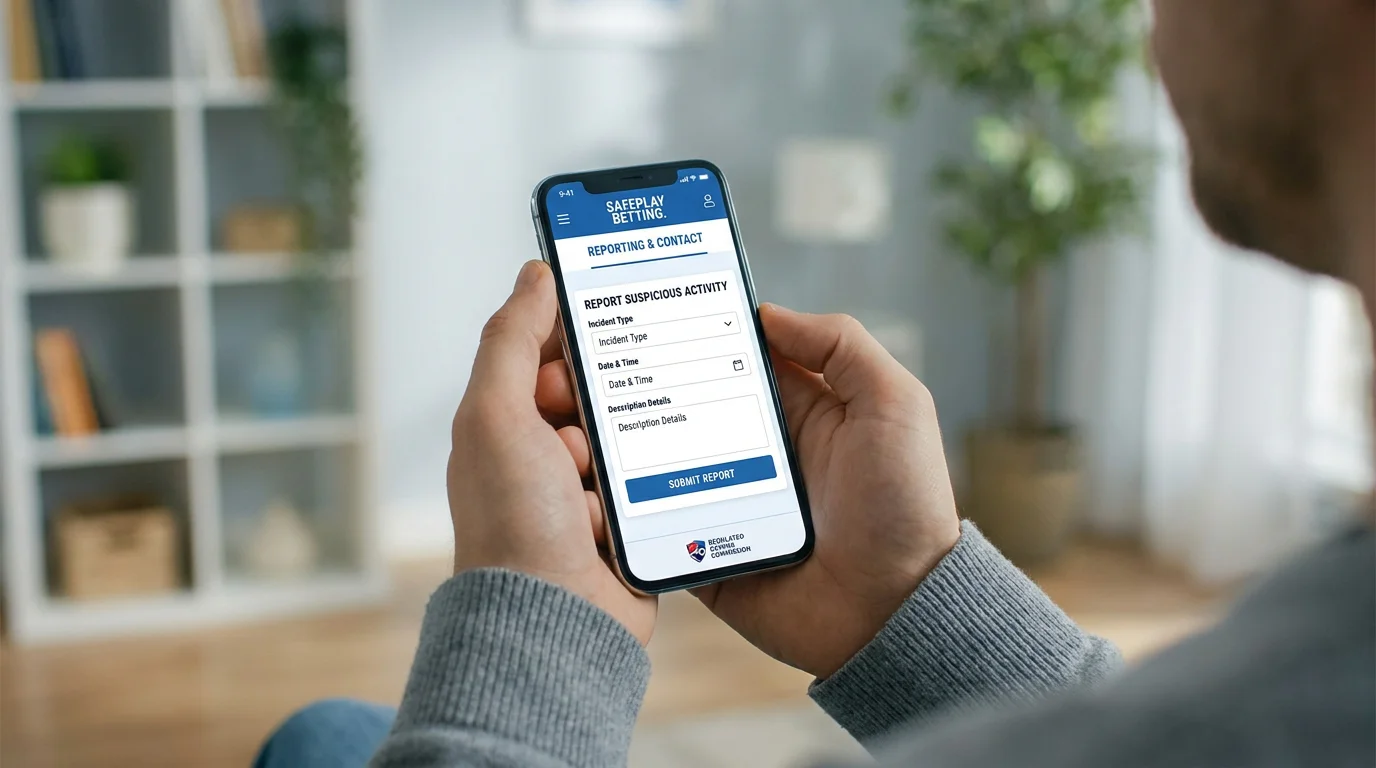 Phone showing a suspicious activity reporting form on a regulated betting site