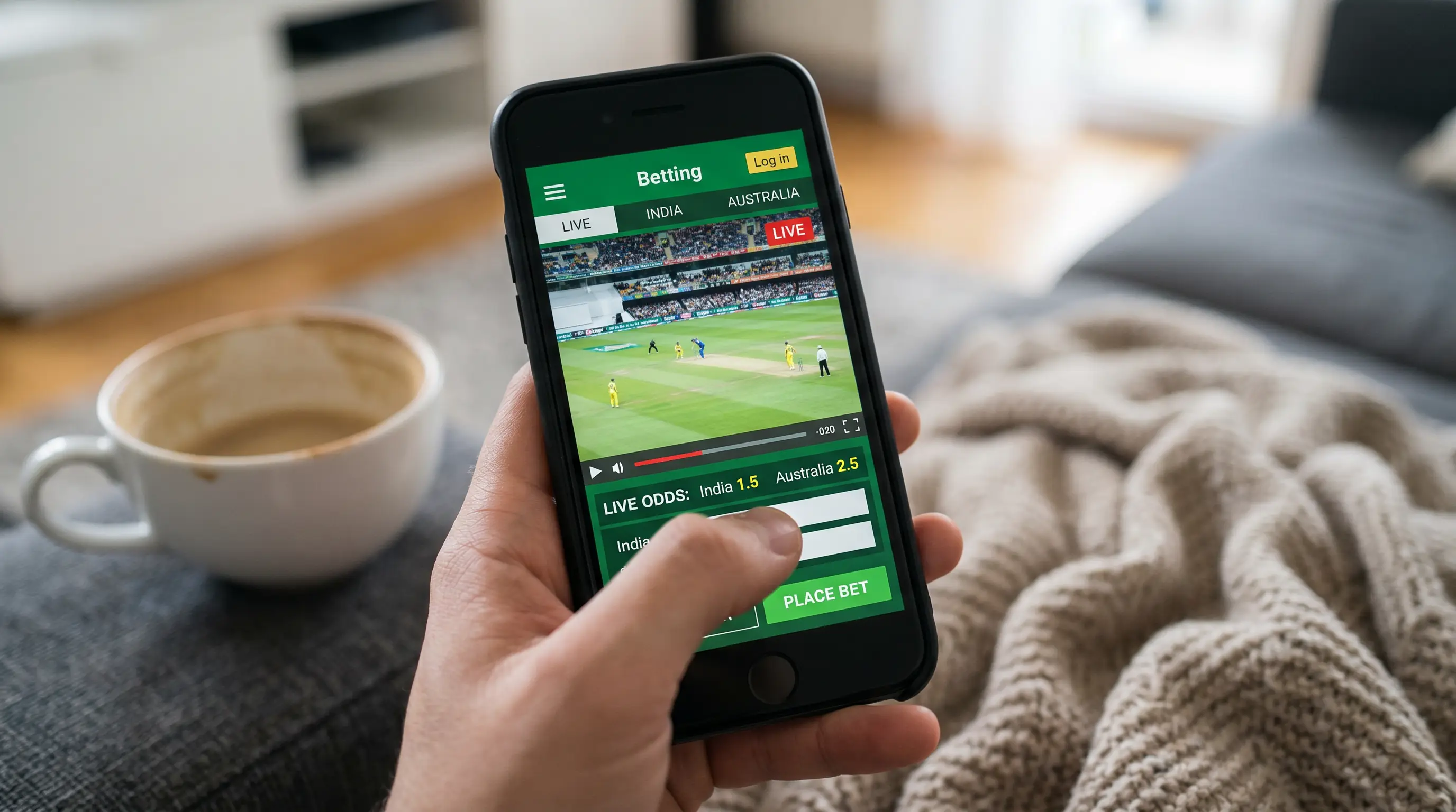 Live cricket stream playing on a mobile phone with betting options alongside the video
