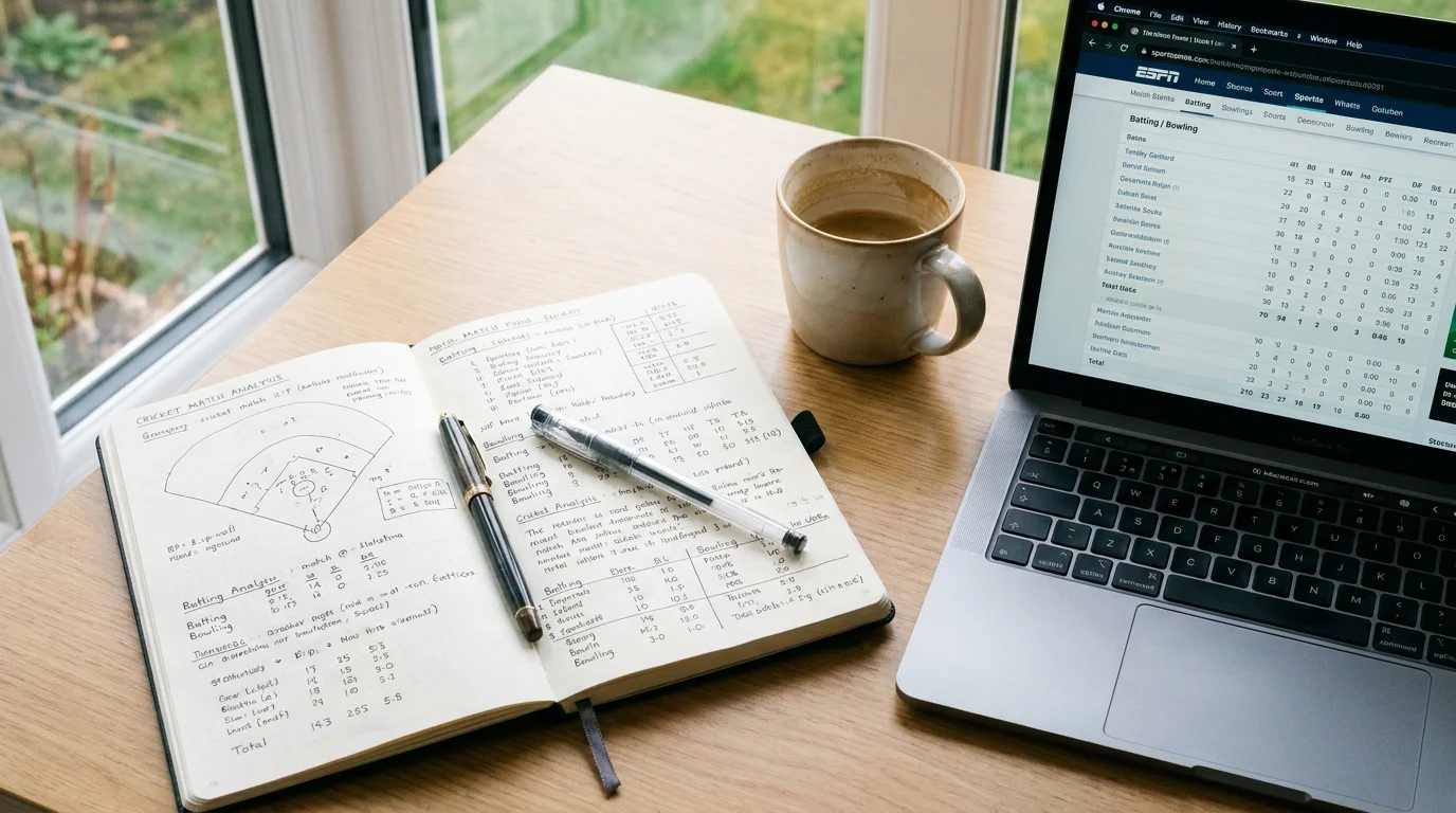Notebook with cricket match analysis notes next to a laptop with betting data