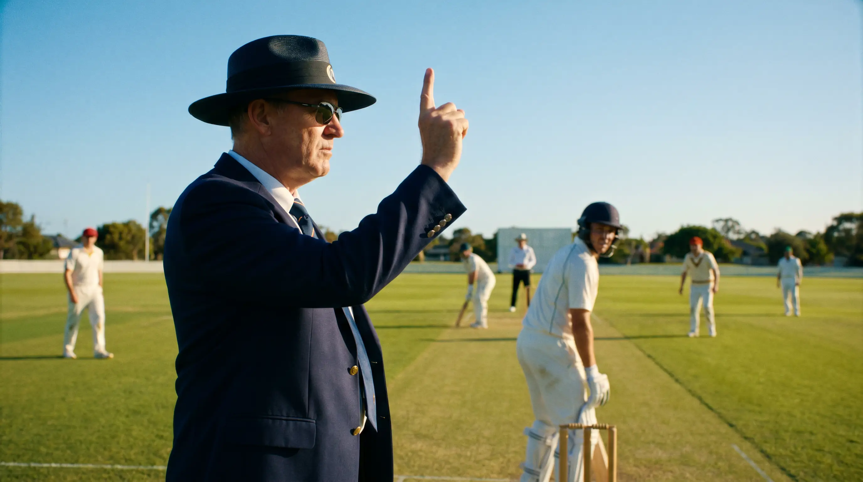 Cricket umpire signalling a decision on the field representing match integrity oversight