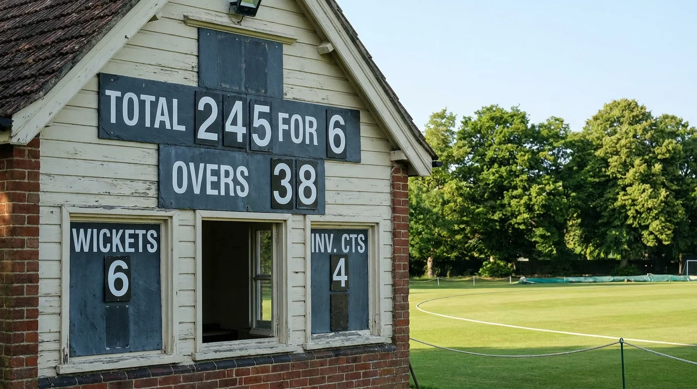 Cricket scoreboard displaying match statistics with team scores, overs bowled, and run rate during a limited-overs fixture