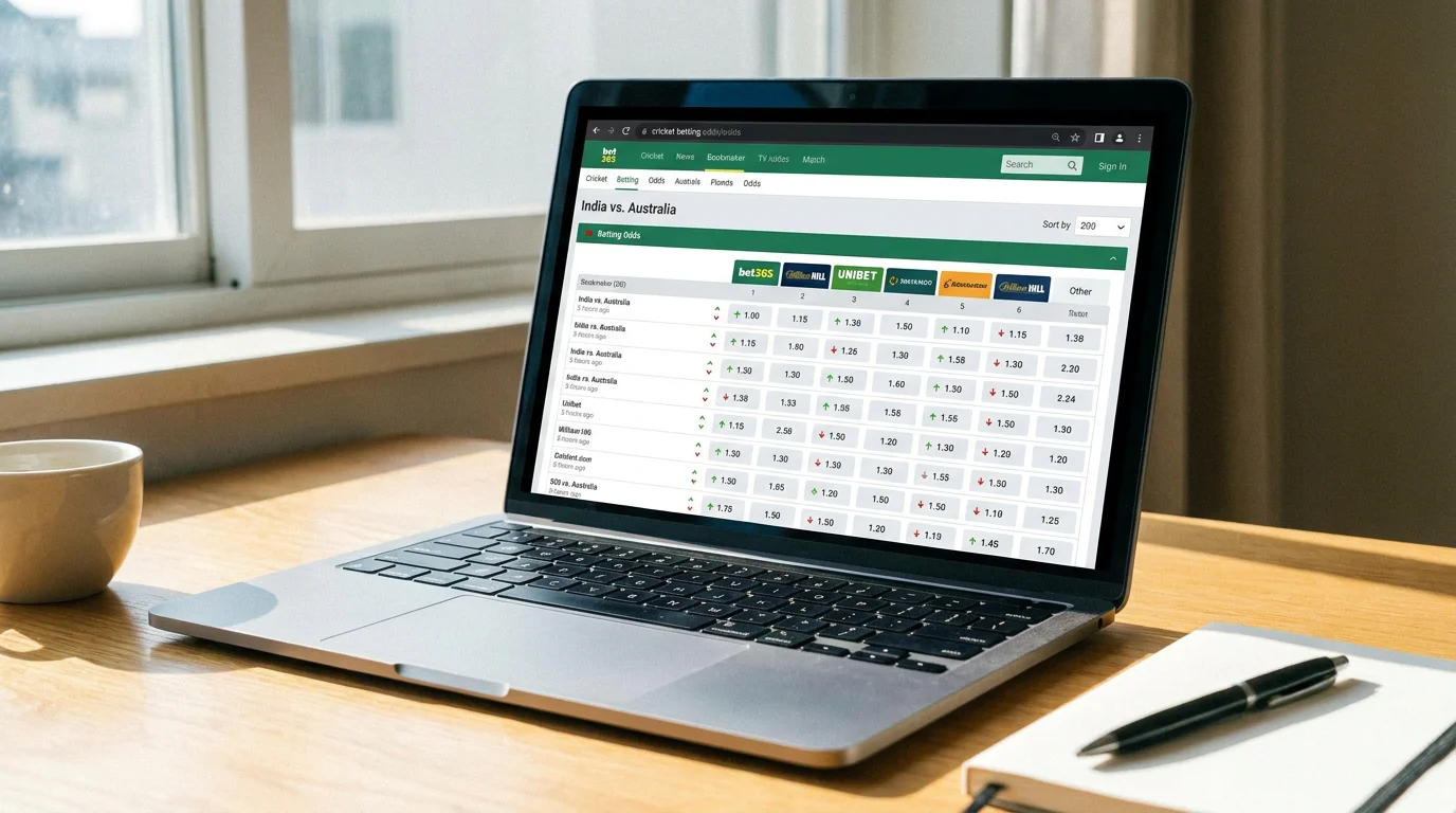 Laptop displaying a cricket-specific odds checker tool with live price updates