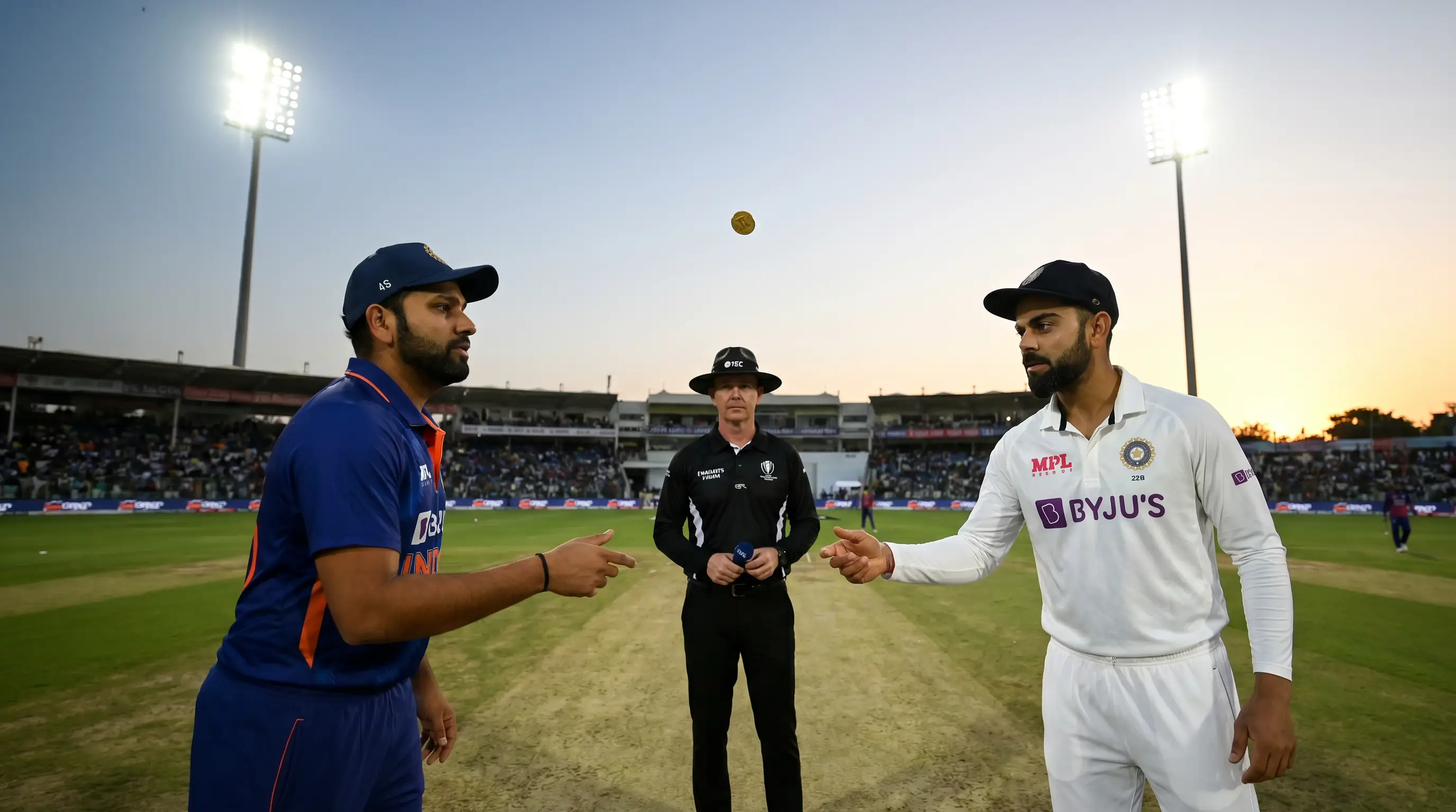 Cricket captains at the toss with a coin in the air before a match begins