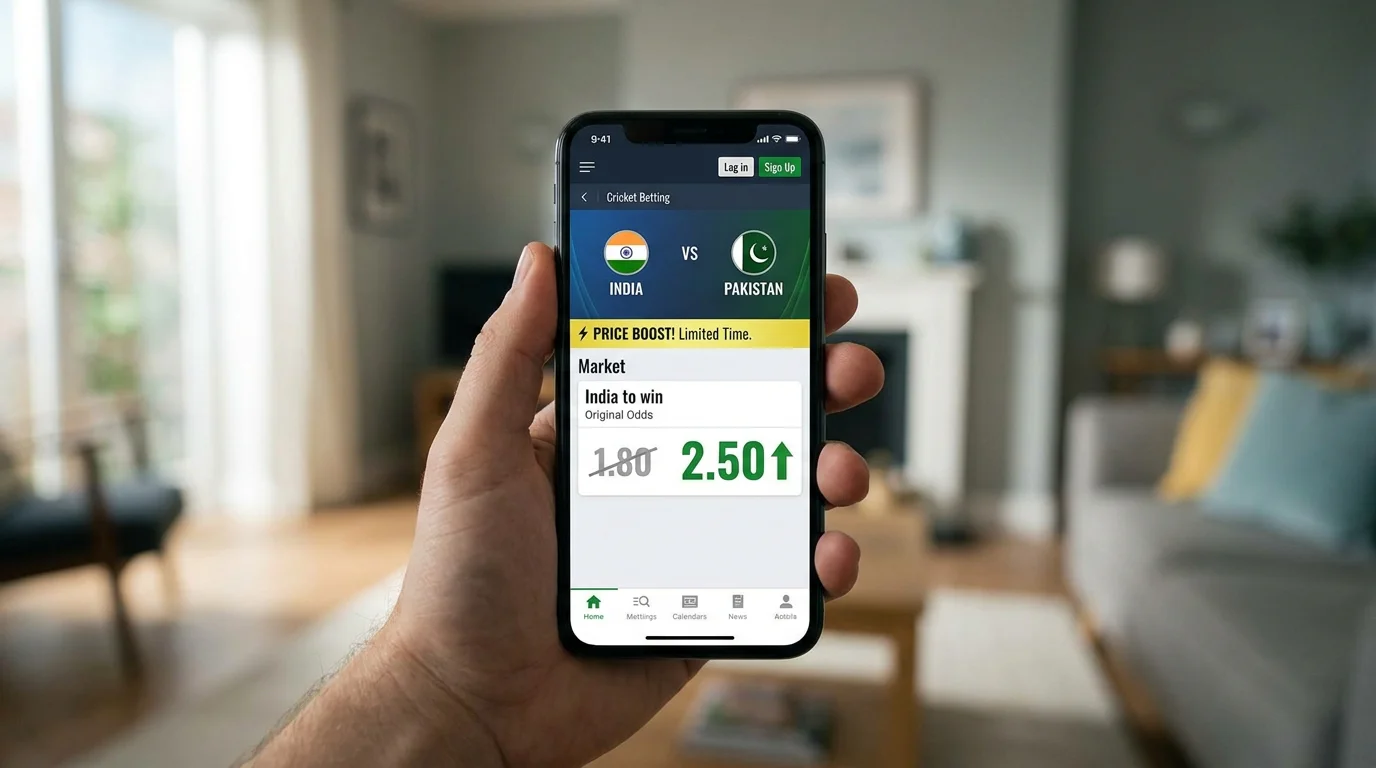 Betting app displaying a price boost promotion for an upcoming cricket match