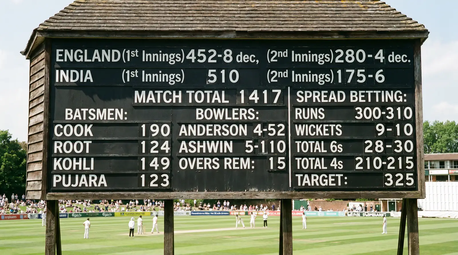 Cricket scoreboard showing run totals relevant to spread betting buy-sell markets
