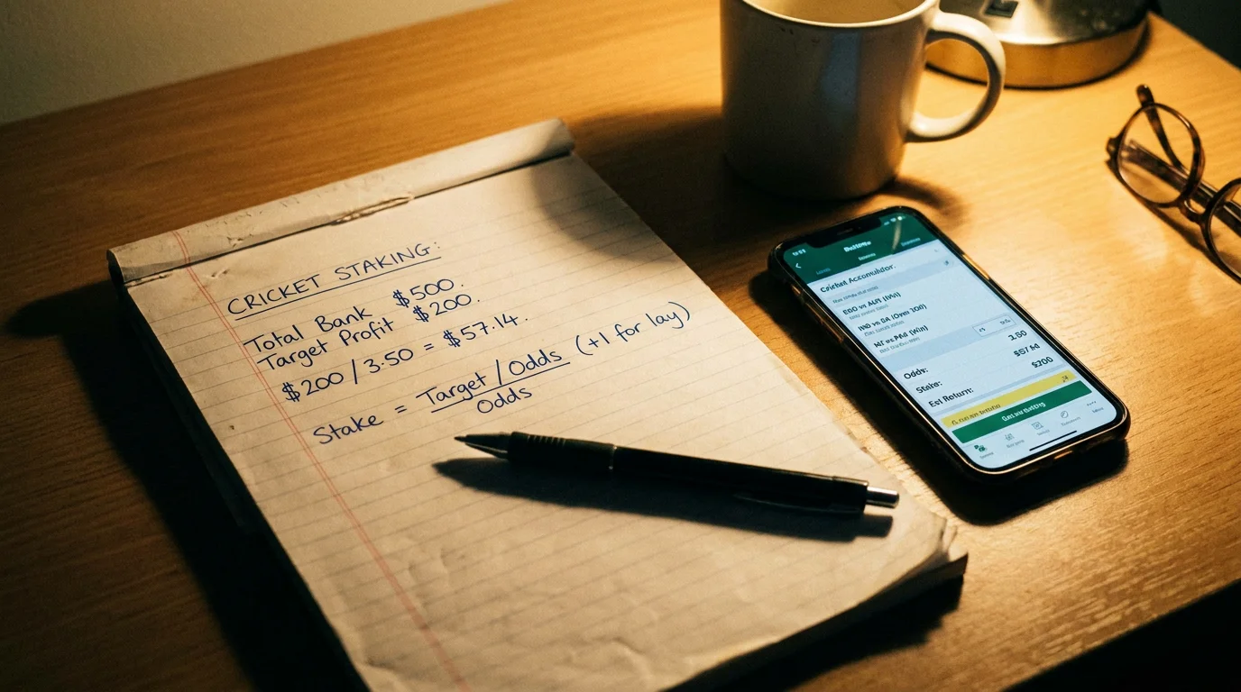 Notepad with staking calculations next to a phone showing a cricket accumulator slip