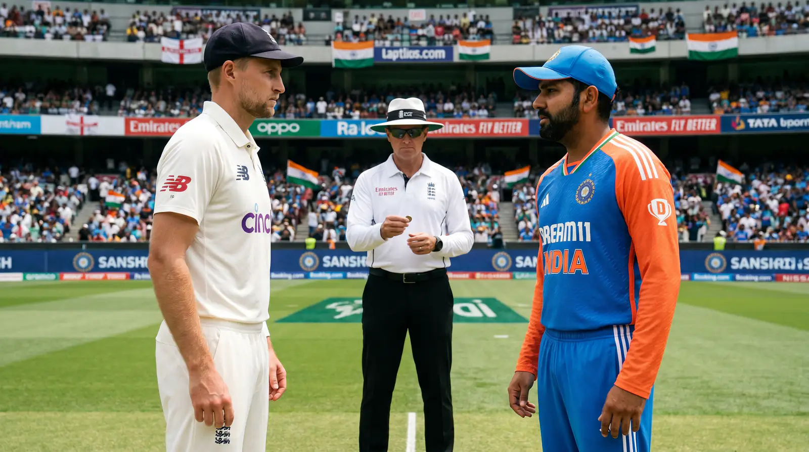 Cricket captains at the coin toss before a match with the umpire watching