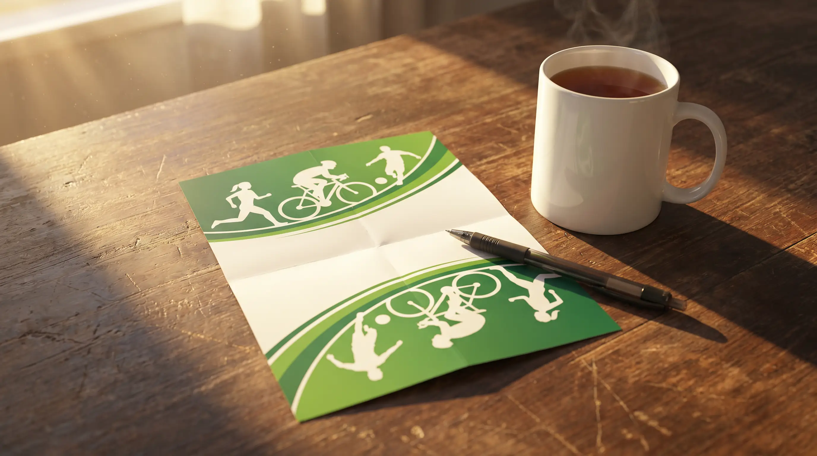 Printed promotional leaflet for a sports betting welcome offer placed on a wooden table next to a cup of tea