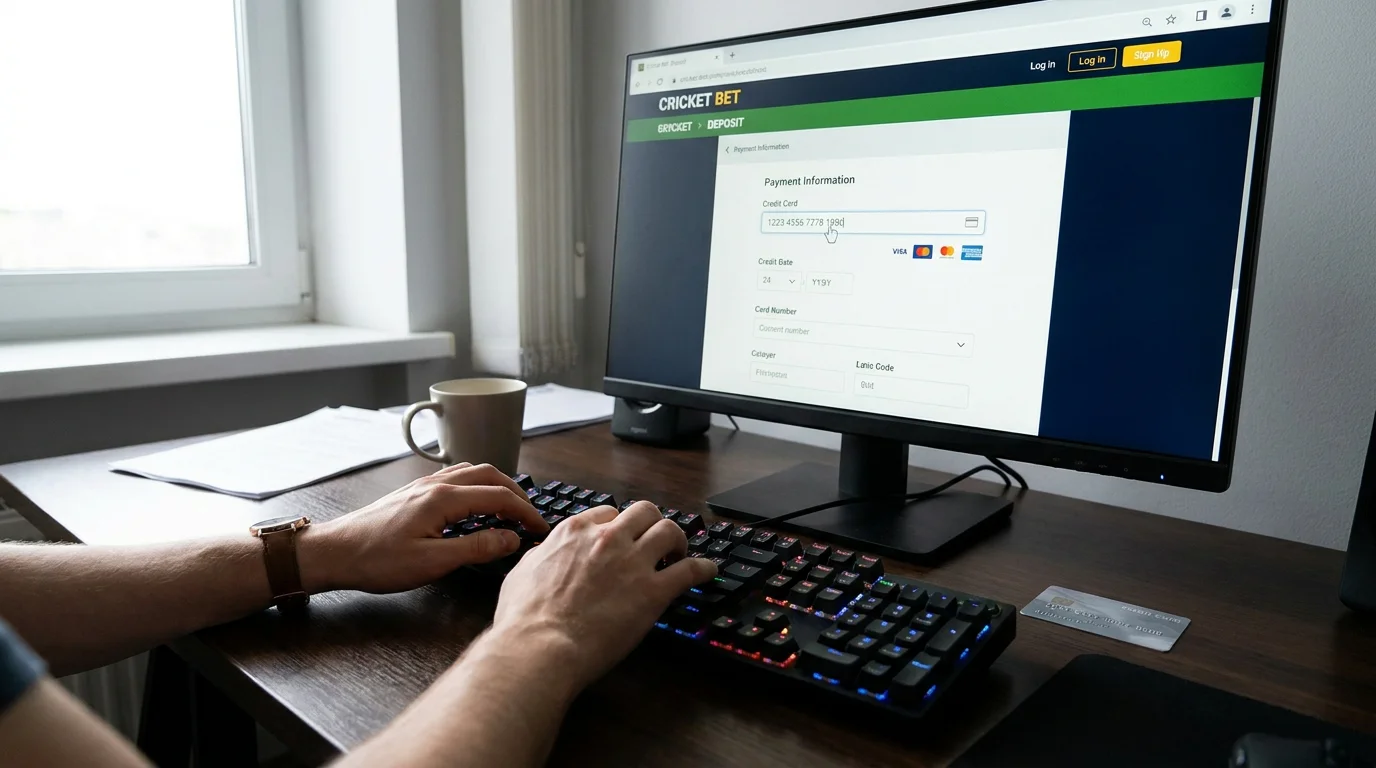 Person entering debit card details on a cricket betting site deposit page