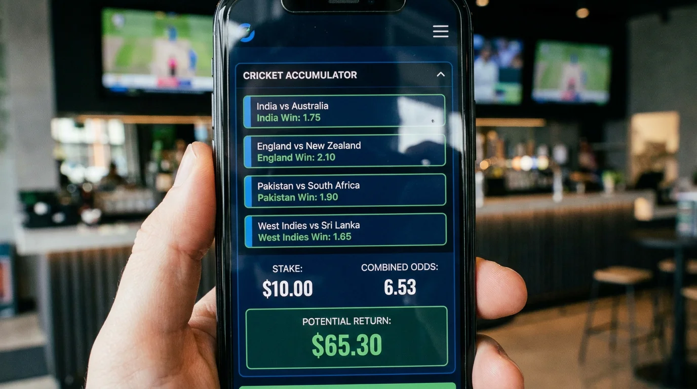Betting app showing decimal odds for a cricket accumulator with combined returns