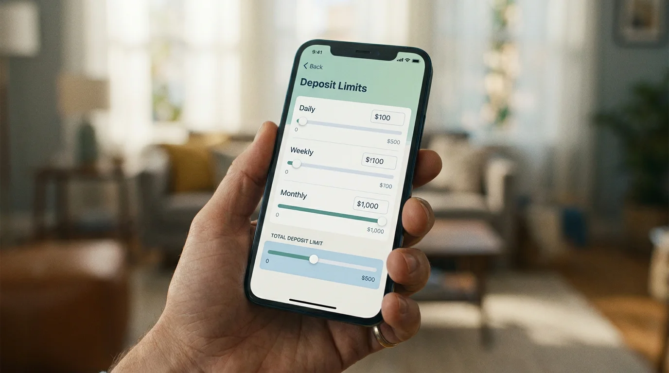 Mobile app screen showing deposit limit settings on a UK cricket betting site