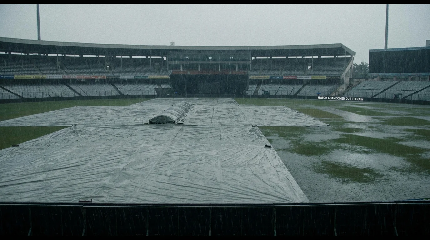 Covers on a cricket pitch during persistent rain representing match abandonment