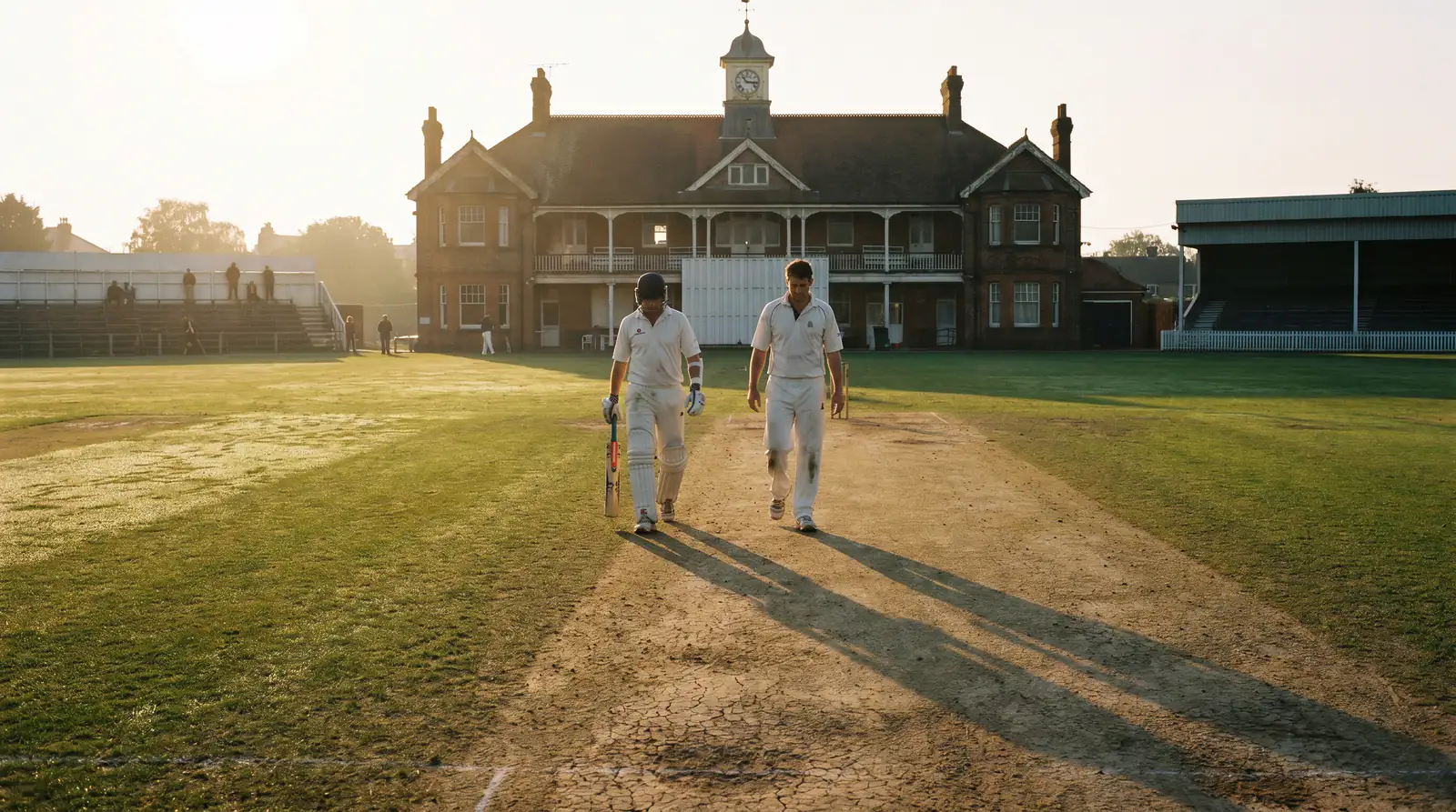 Cricket match ending in a draw with batsmen walking off the field at stumps