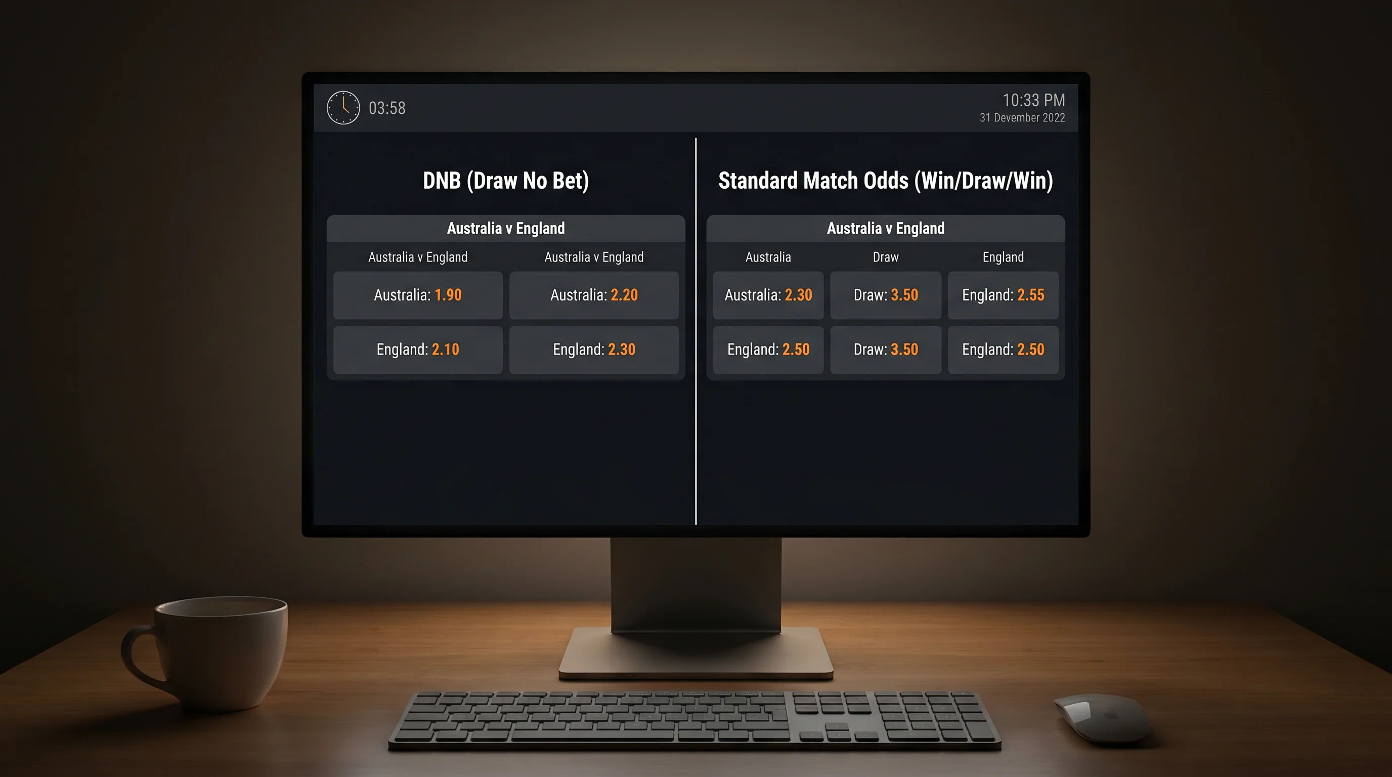 Split screen comparing DNB and standard match odds for the same Test cricket fixture
