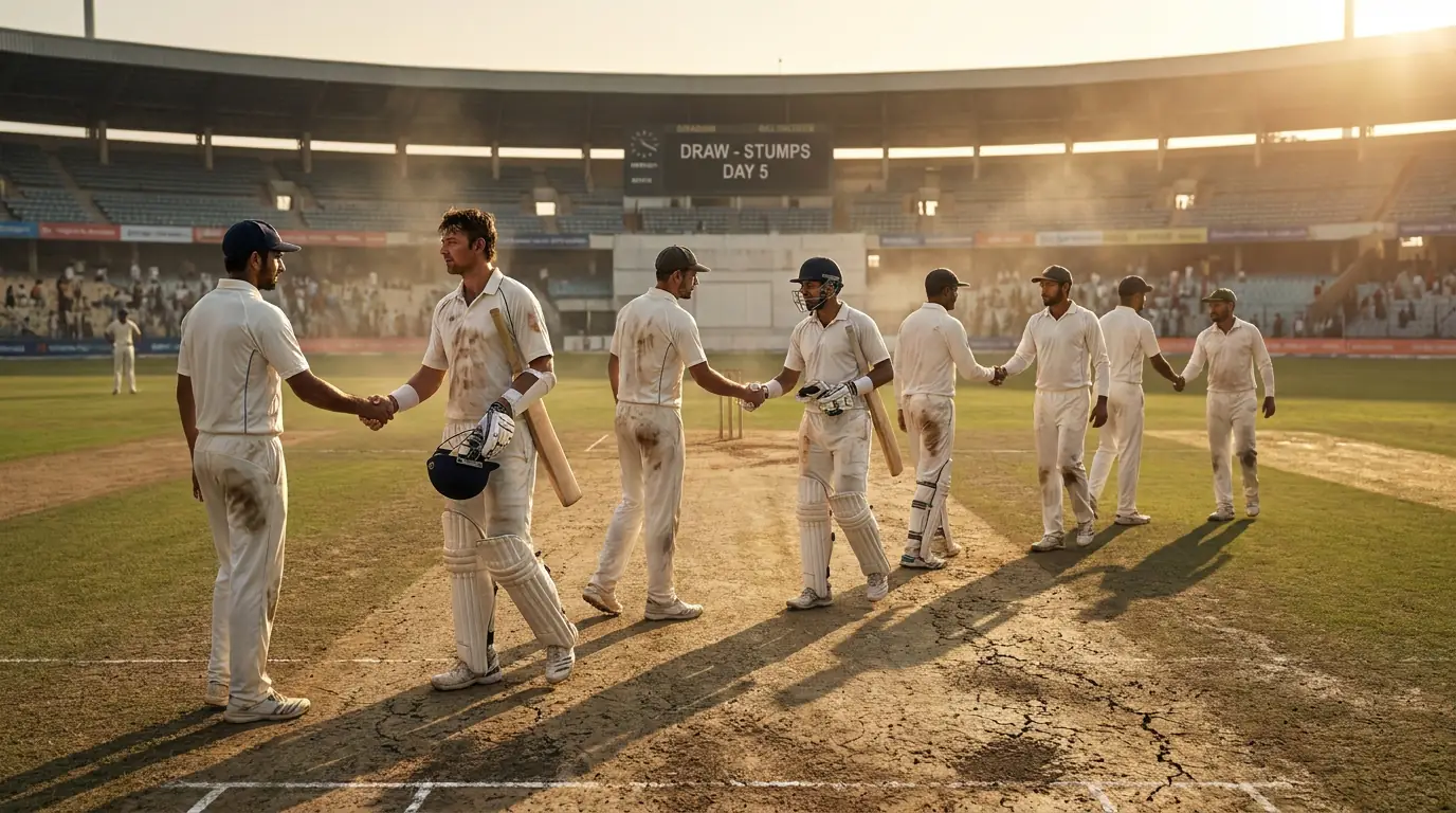 Test cricket match heading towards a draw with both teams shaking hands