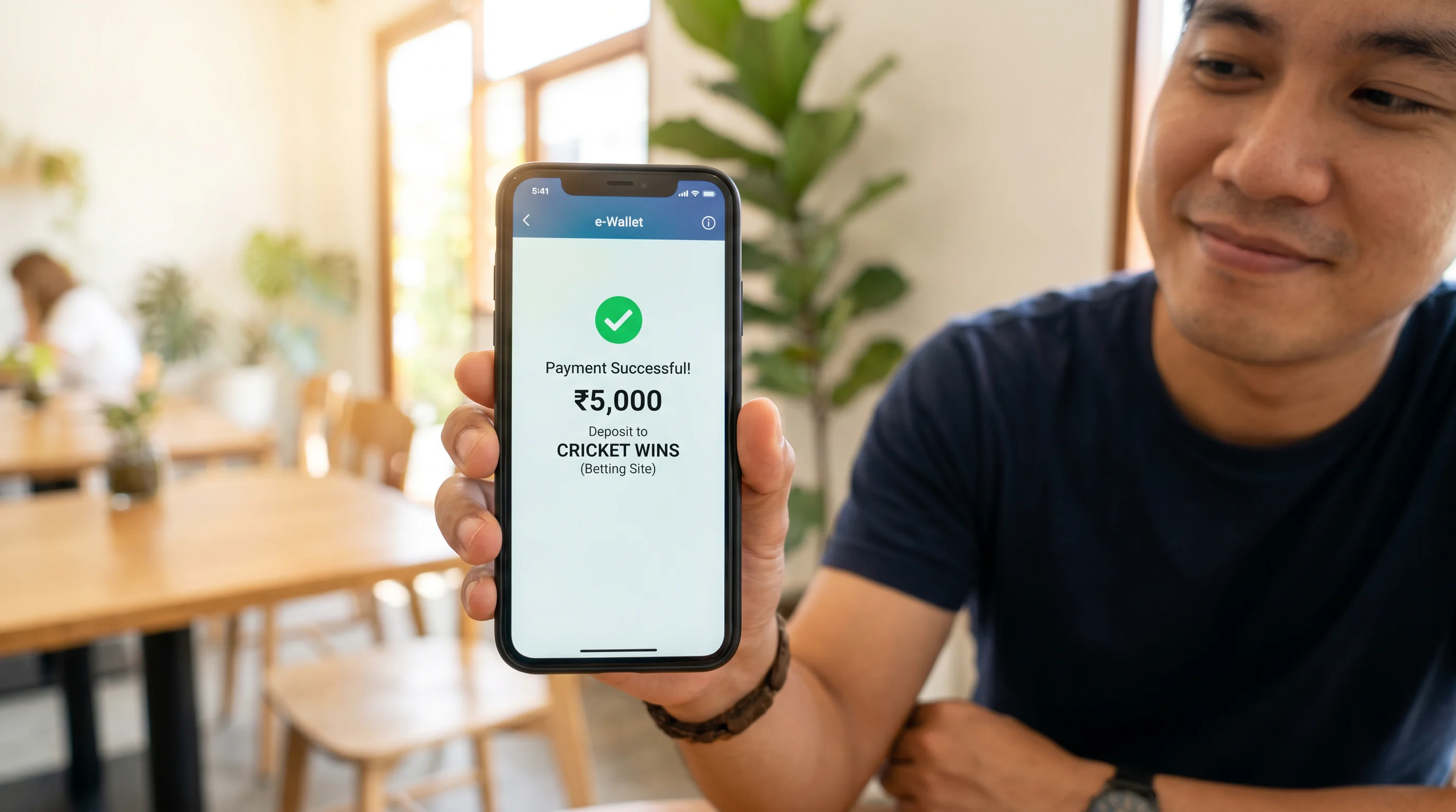 Phone showing e-wallet payment confirmation for a cricket betting site deposit