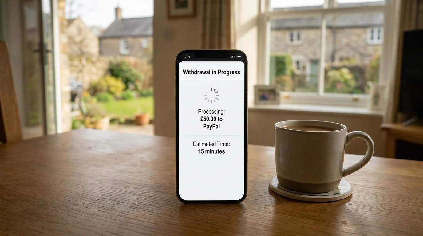 Withdrawal processing screen on a betting app showing e-wallet transfer in progress