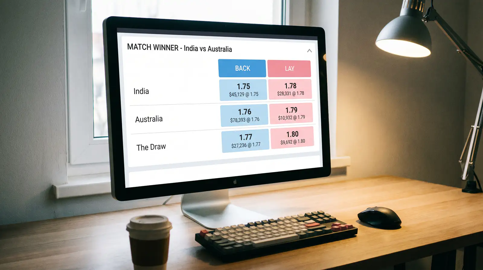Exchange platform displaying back and lay columns for cricket match winner market