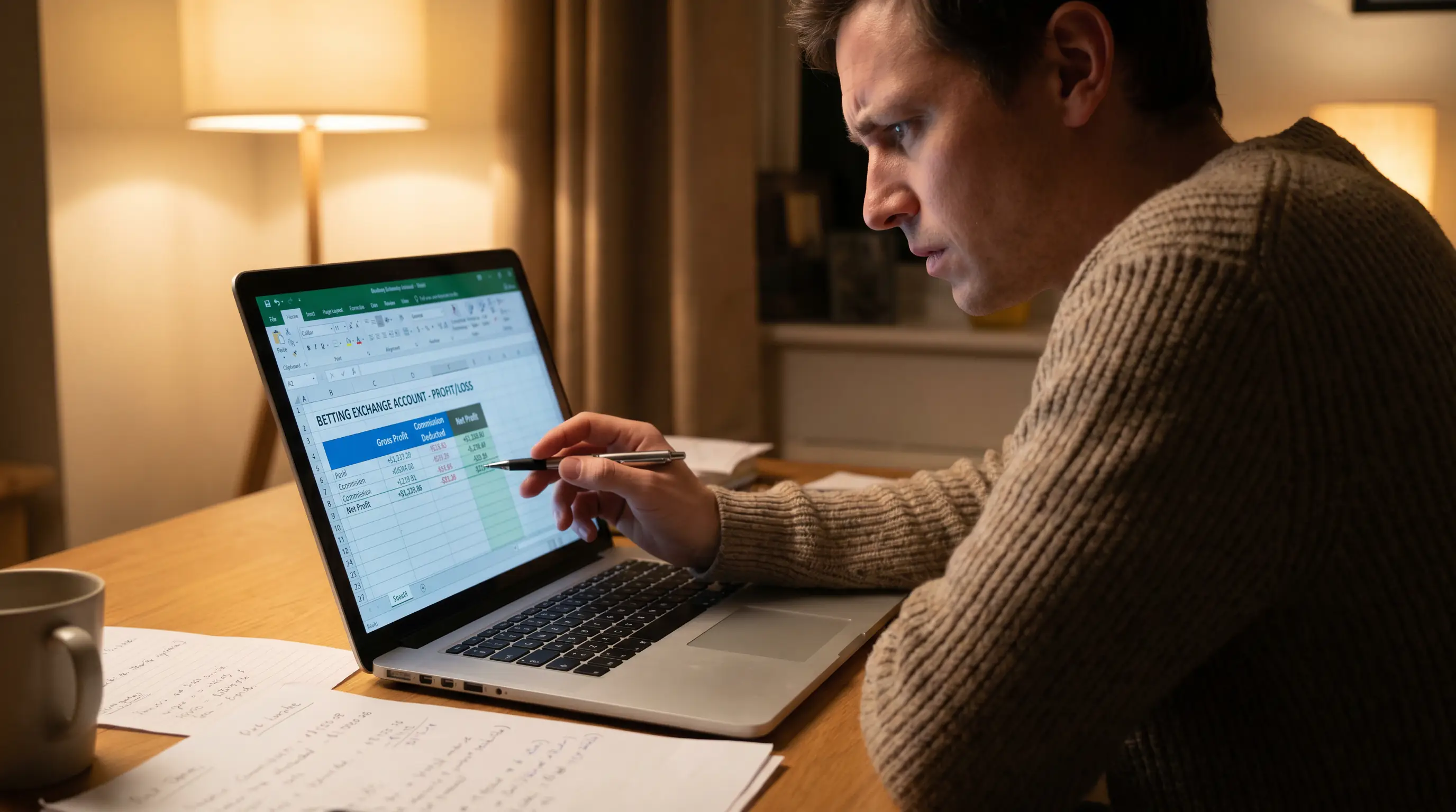 Person reviewing exchange betting profits on a laptop with cricket data visible