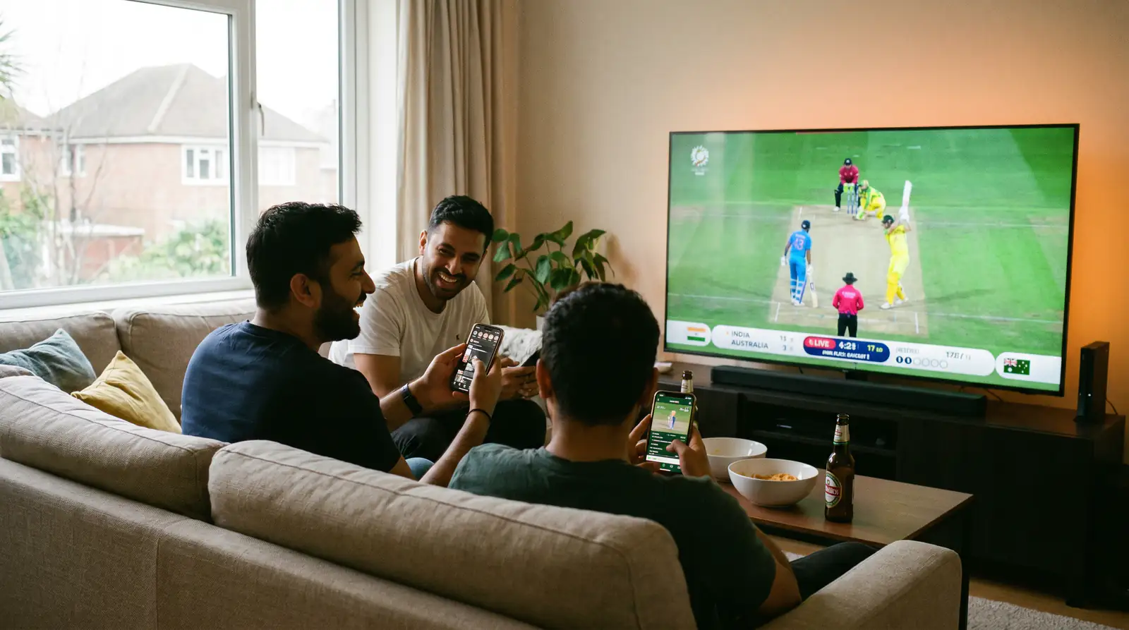 Two people watching cricket on a screen representing peer-to-peer exchange wagering