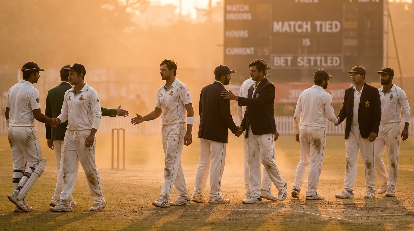 Cricket players shaking hands after a match representing settlement of exchange bets