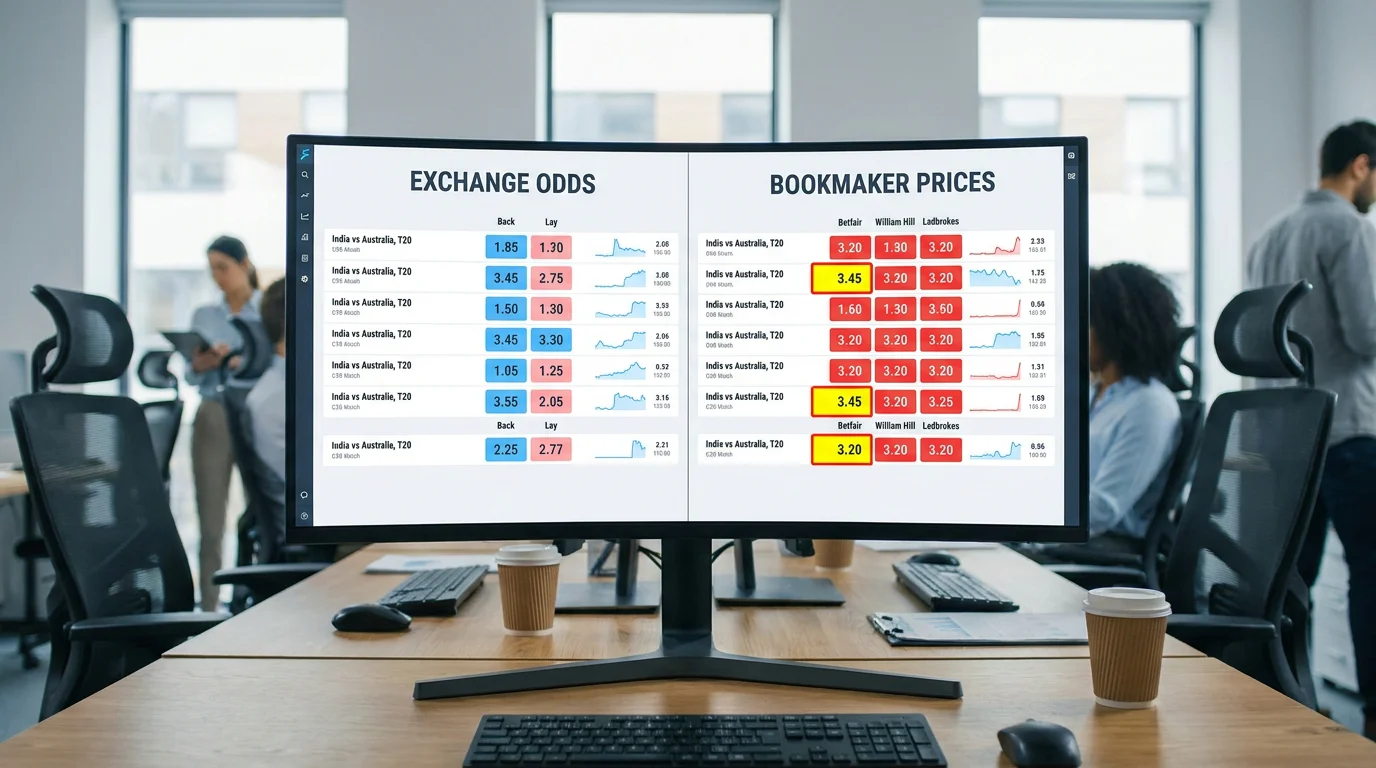 Split screen comparing exchange odds versus bookmaker prices for the same cricket match
