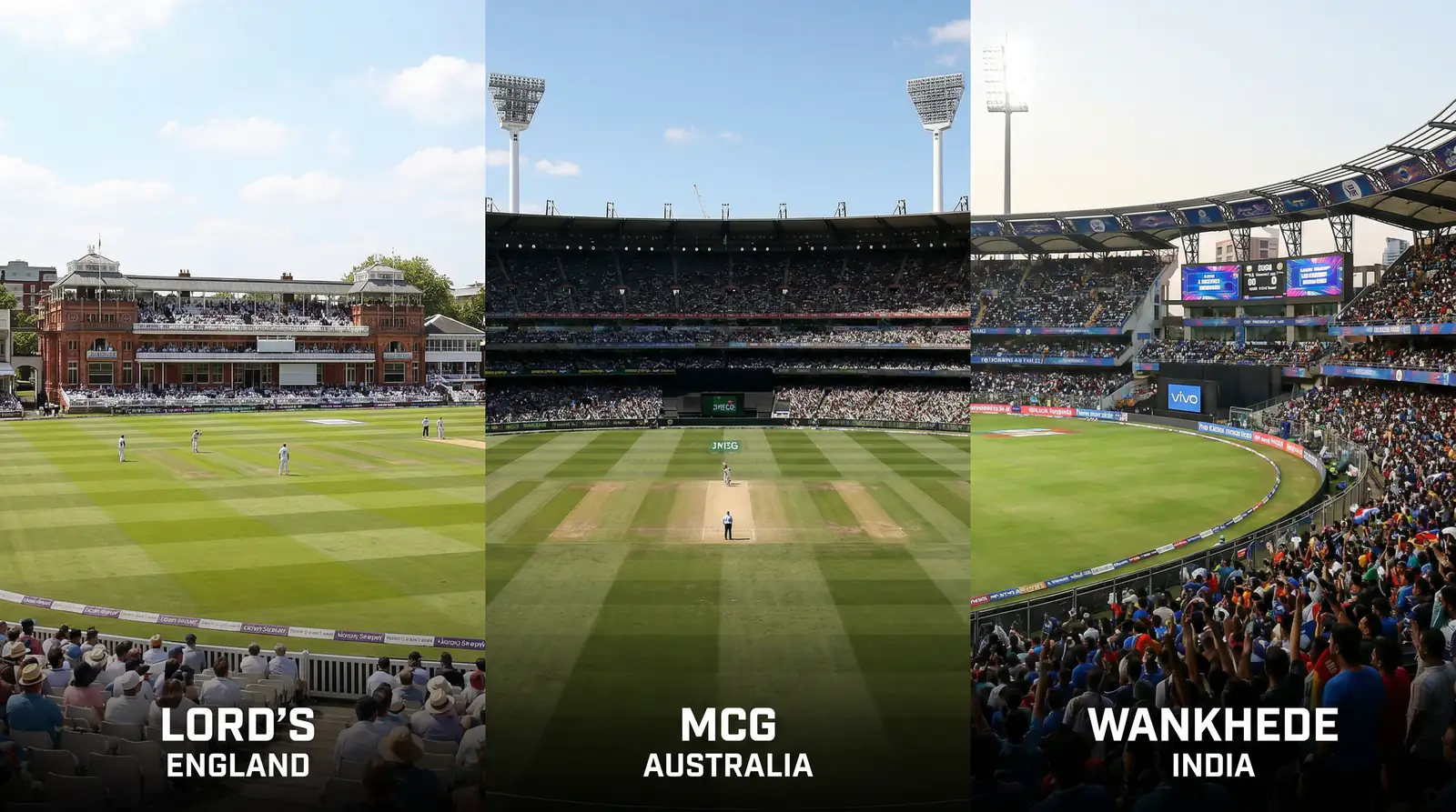 Three cricket formats represented by different ground setups and scoring environments