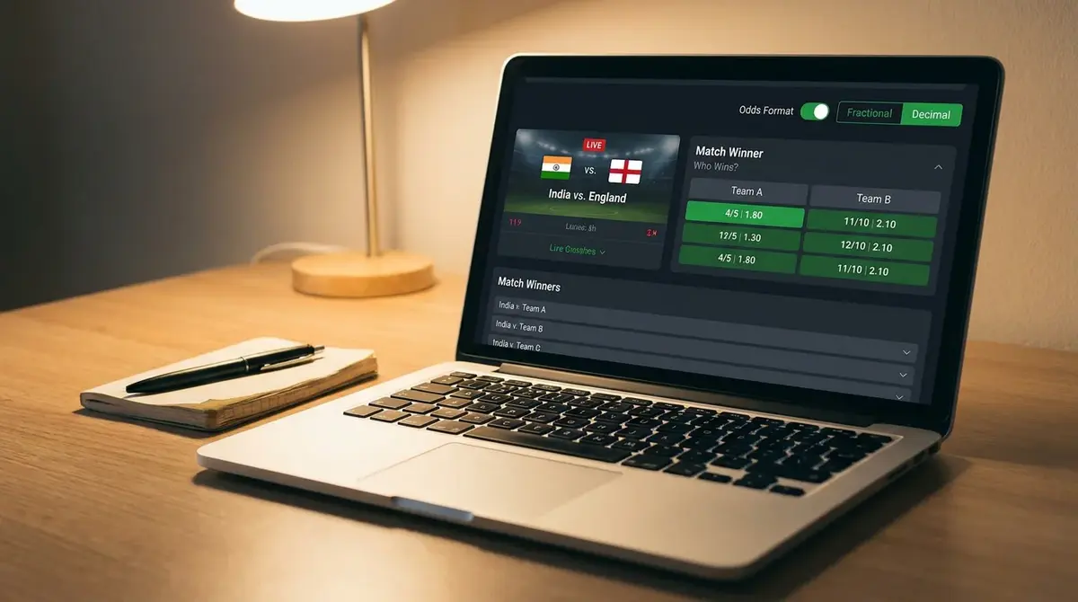 Cricket odds displayed in both fractional and decimal formats on a sportsbook interface
