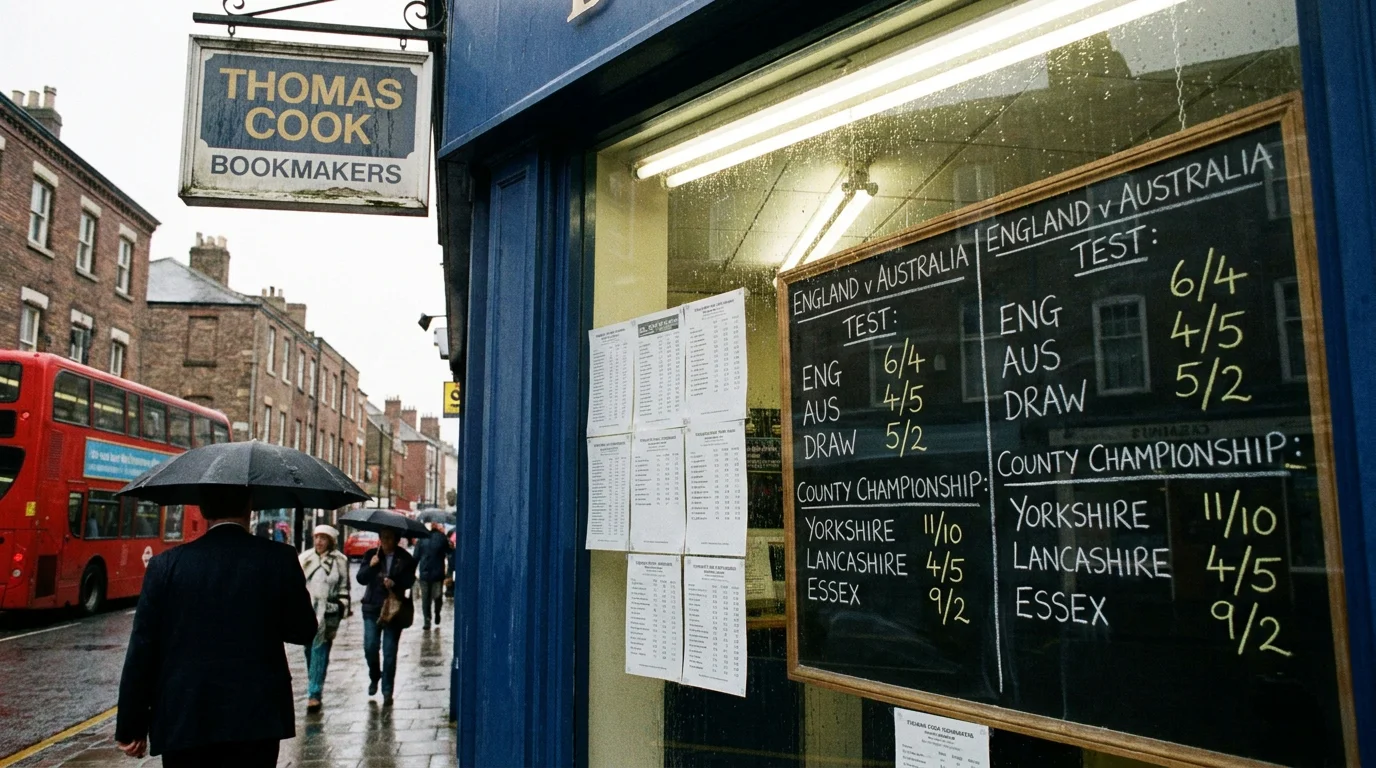Traditional UK betting shop board showing fractional cricket odds