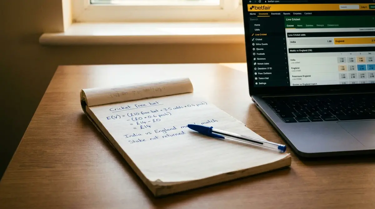 Notepad with expected value calculations for a cricket free bet alongside a laptop