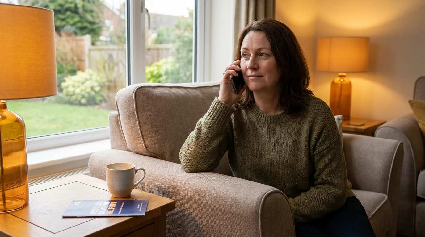 Person speaking on a phone representing a call to a gambling support helpline