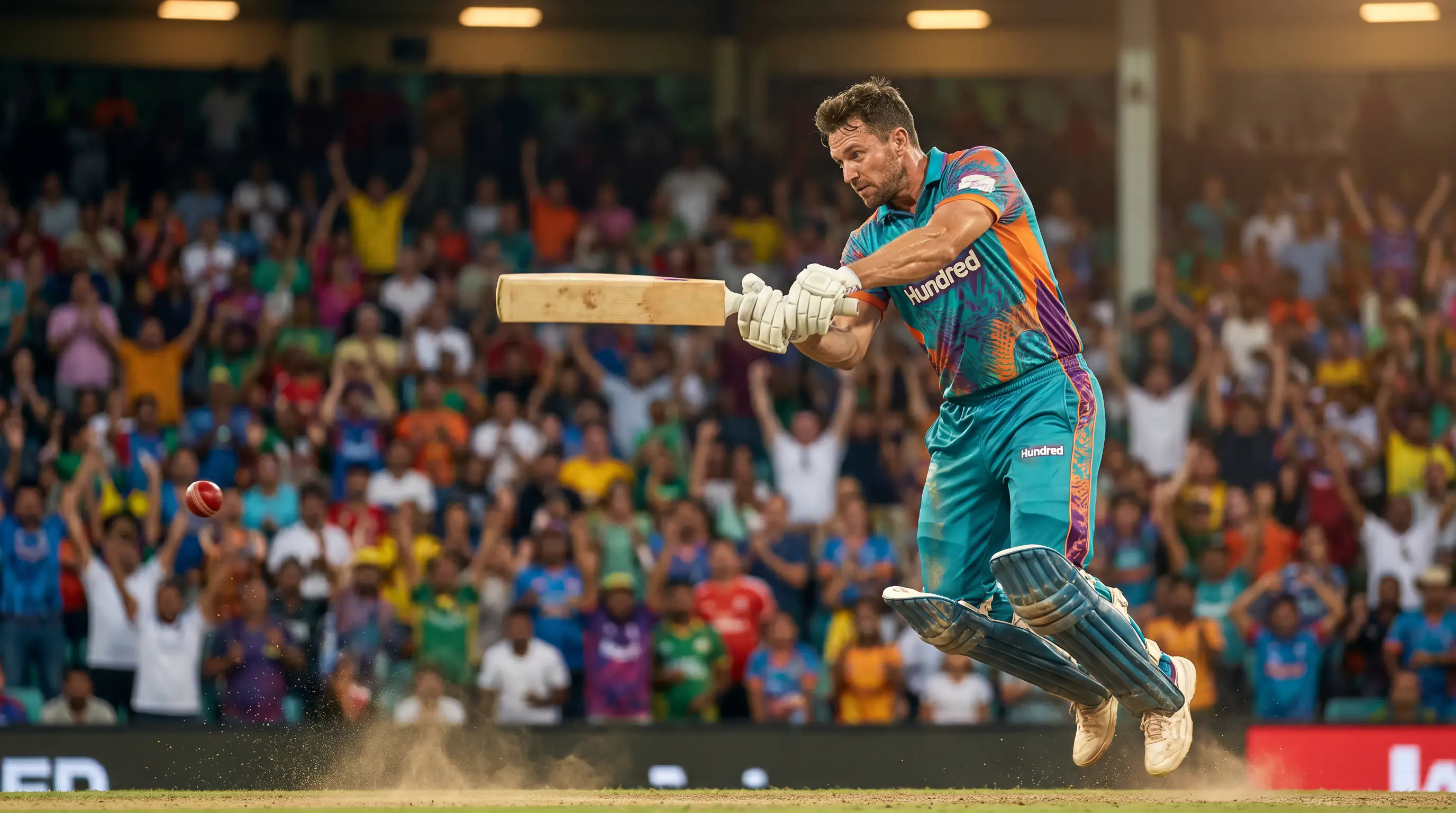 Cricket batsman hitting a boundary during a fast-paced Hundred format match