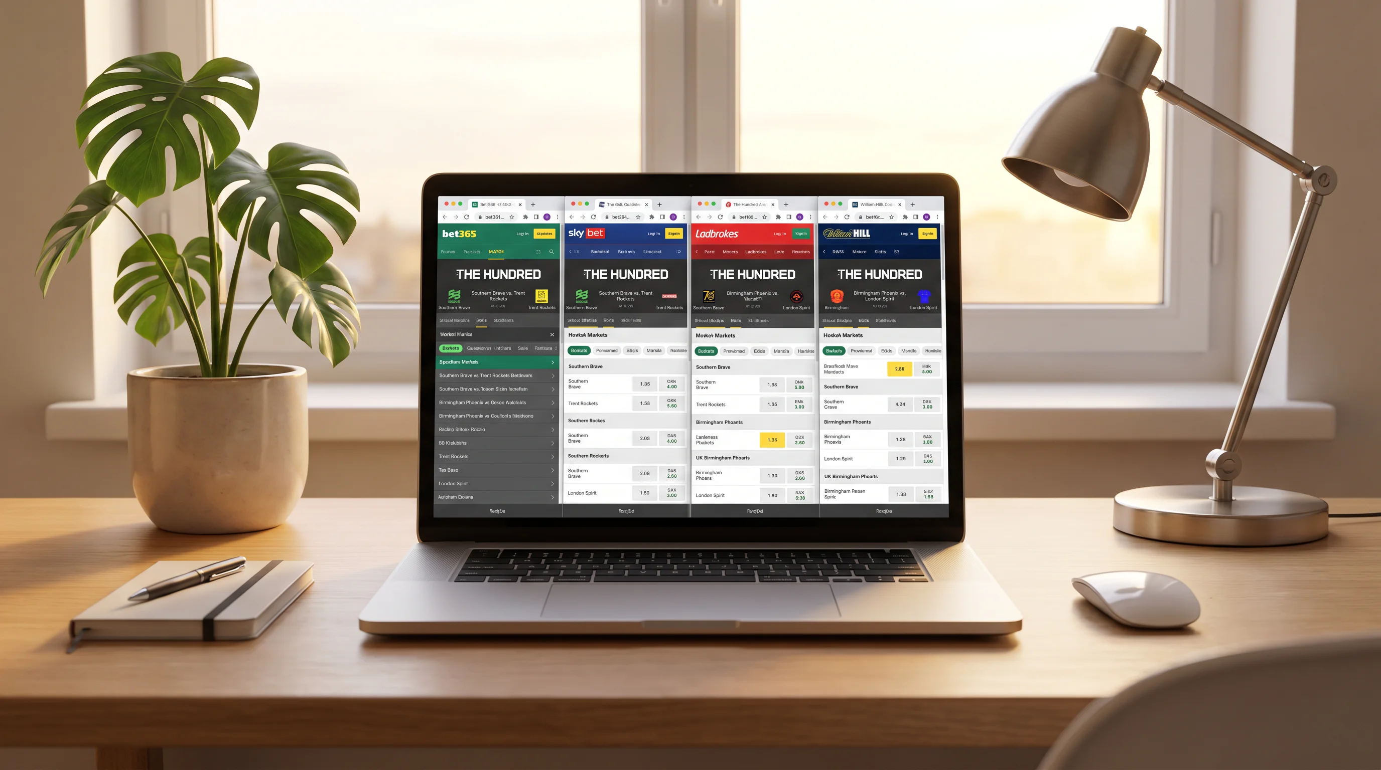 Laptop showing multiple betting site tabs with Hundred cricket markets open