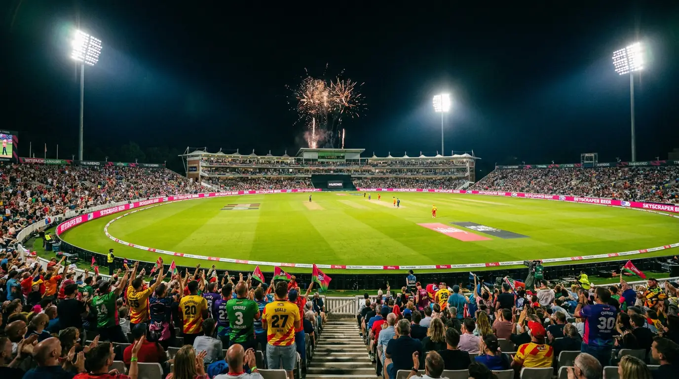 Enthusiastic cricket fans cheering in a modern UK stadium during an evening match under floodlights