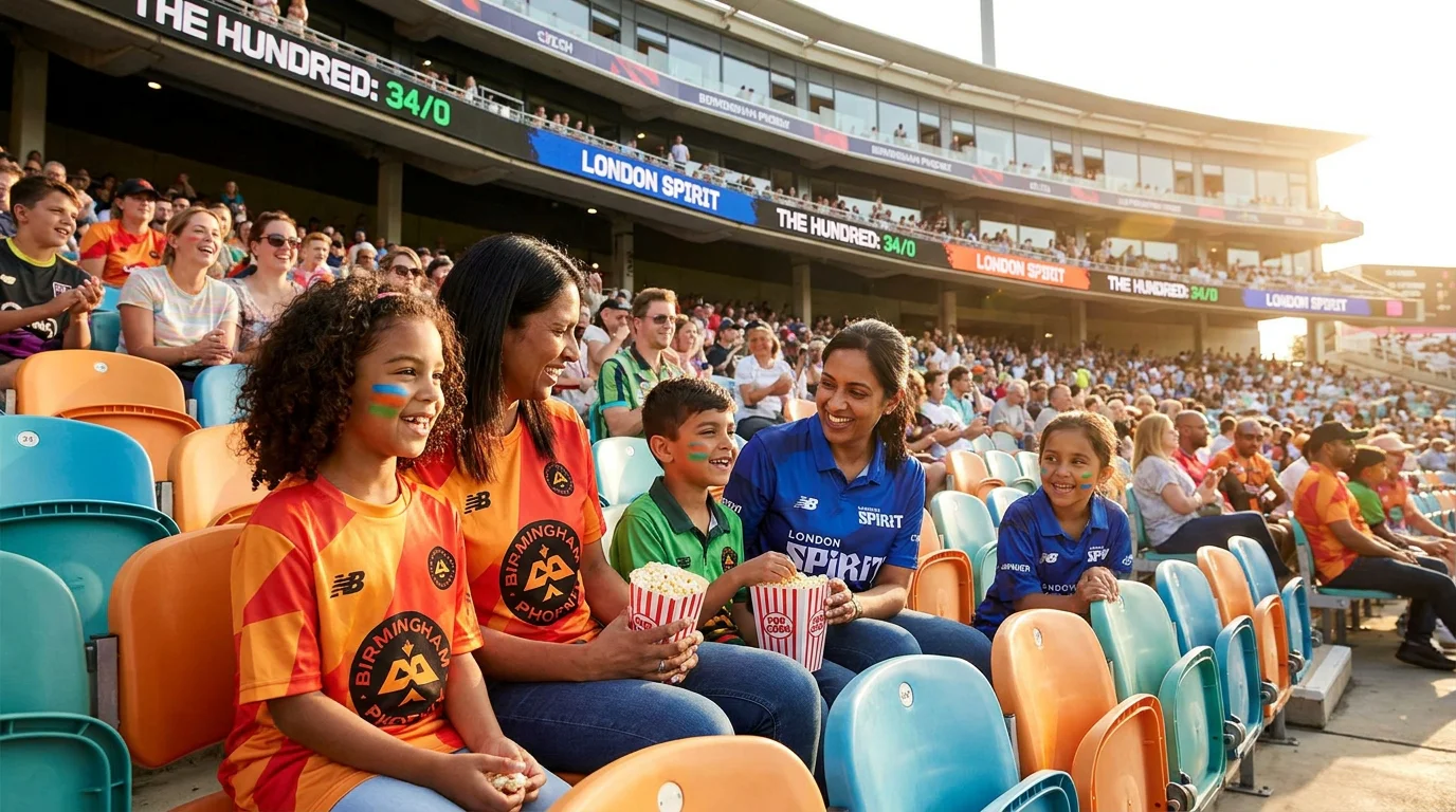 Families and children watching a Hundred cricket match in a modern stadium