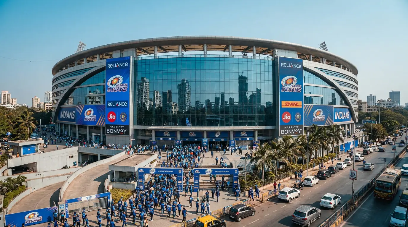 Modern cricket stadium exterior with franchise branding and sponsor signage