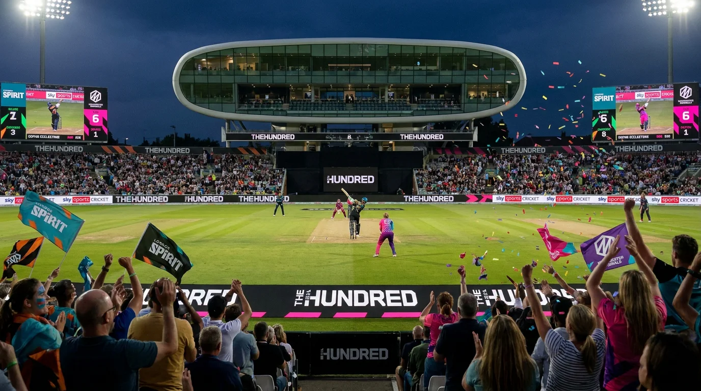 Women's Hundred cricket match with colourful team kits and a lively crowd