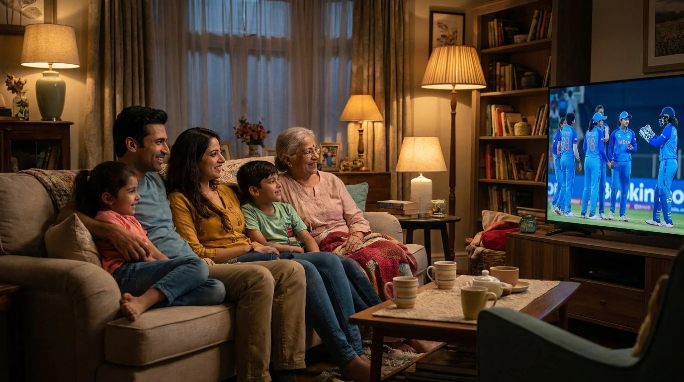 Family watching women's Hundred cricket on television representing viewership growth