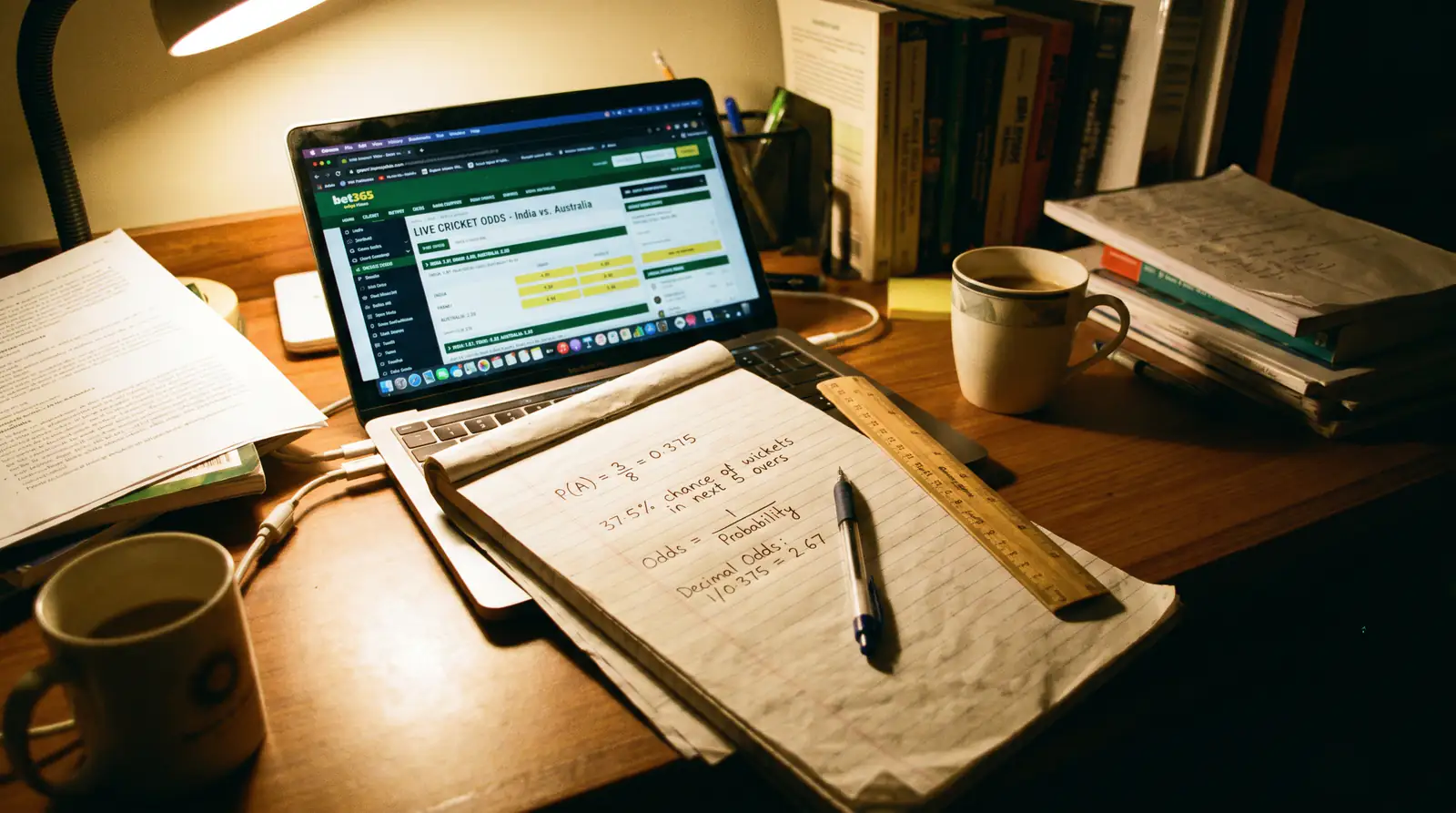Notepad with probability calculations next to a laptop showing cricket match odds