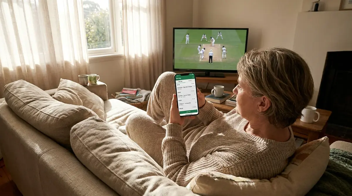 Cricket bettor reviewing a bet slip on a phone with a disciplined stake limit displayed