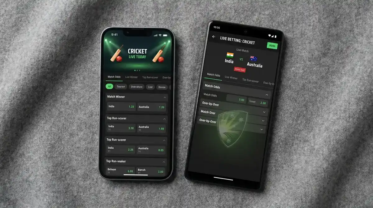 iPhone and Android phone side by side displaying cricket betting apps with match odds