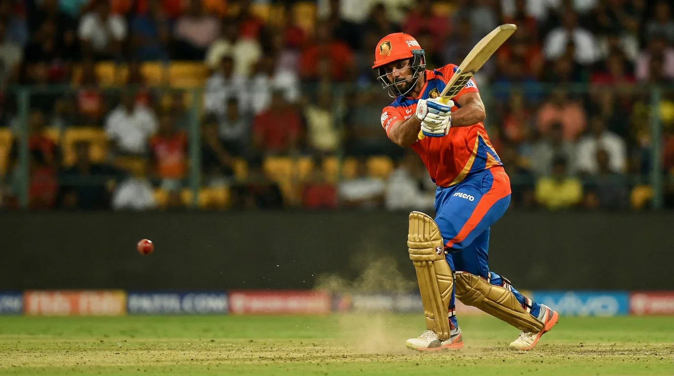 Cricket batsman playing an aggressive shot in an IPL franchise jersey