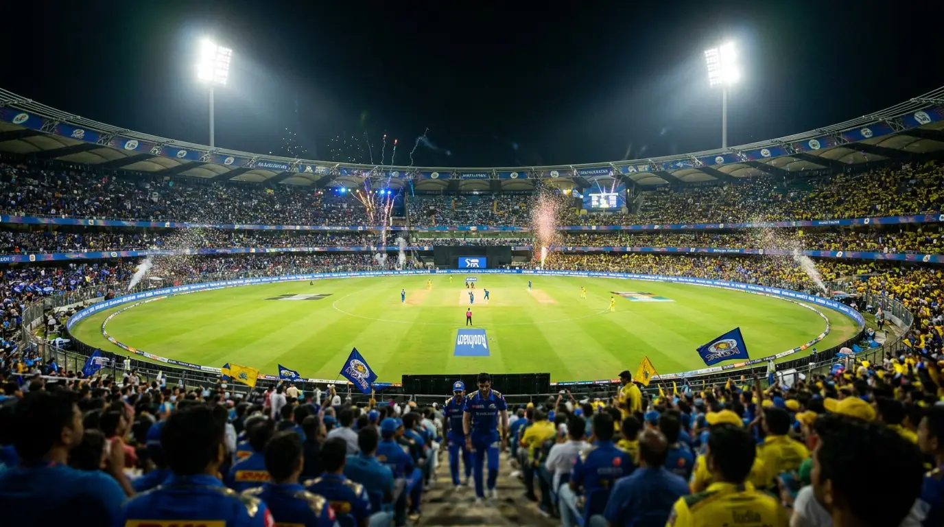 IPL cricket match under floodlights with colourful franchise team kits on the pitch