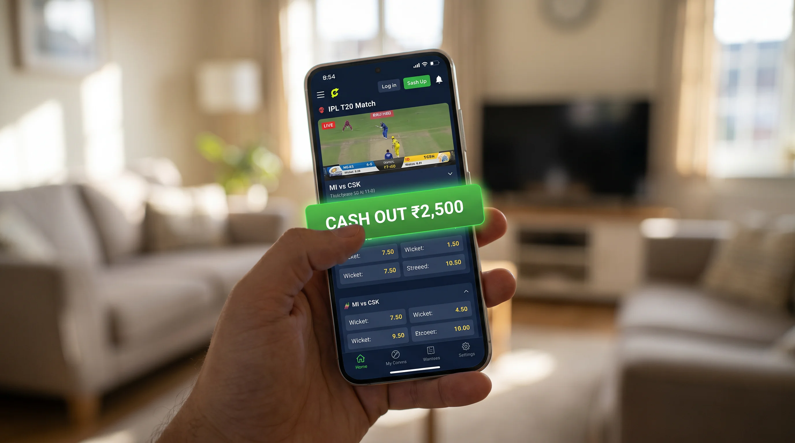 Mobile phone showing cash out option during a live IPL T20 match