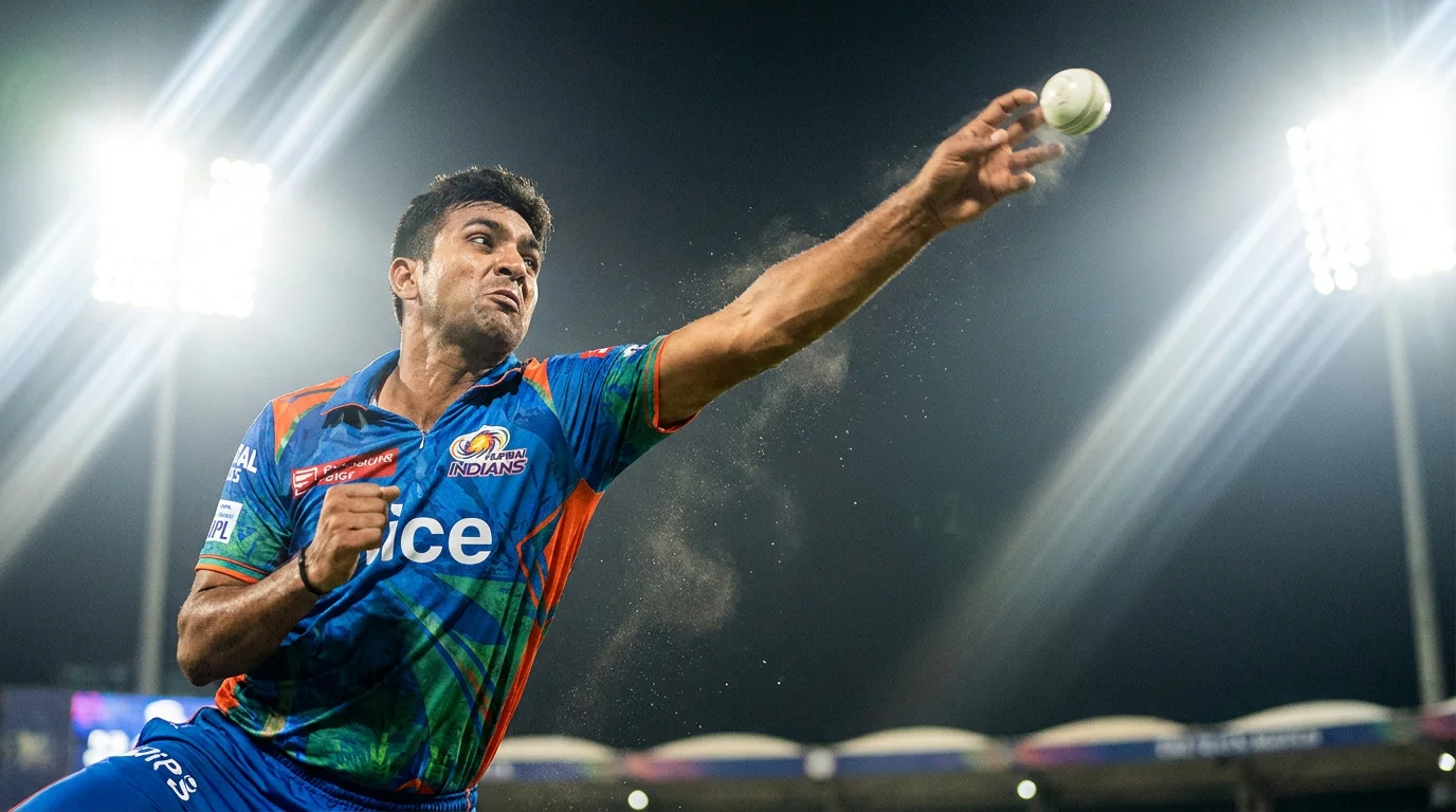 Close-up of a cricket bowler mid-delivery stride during a T20 match under lights