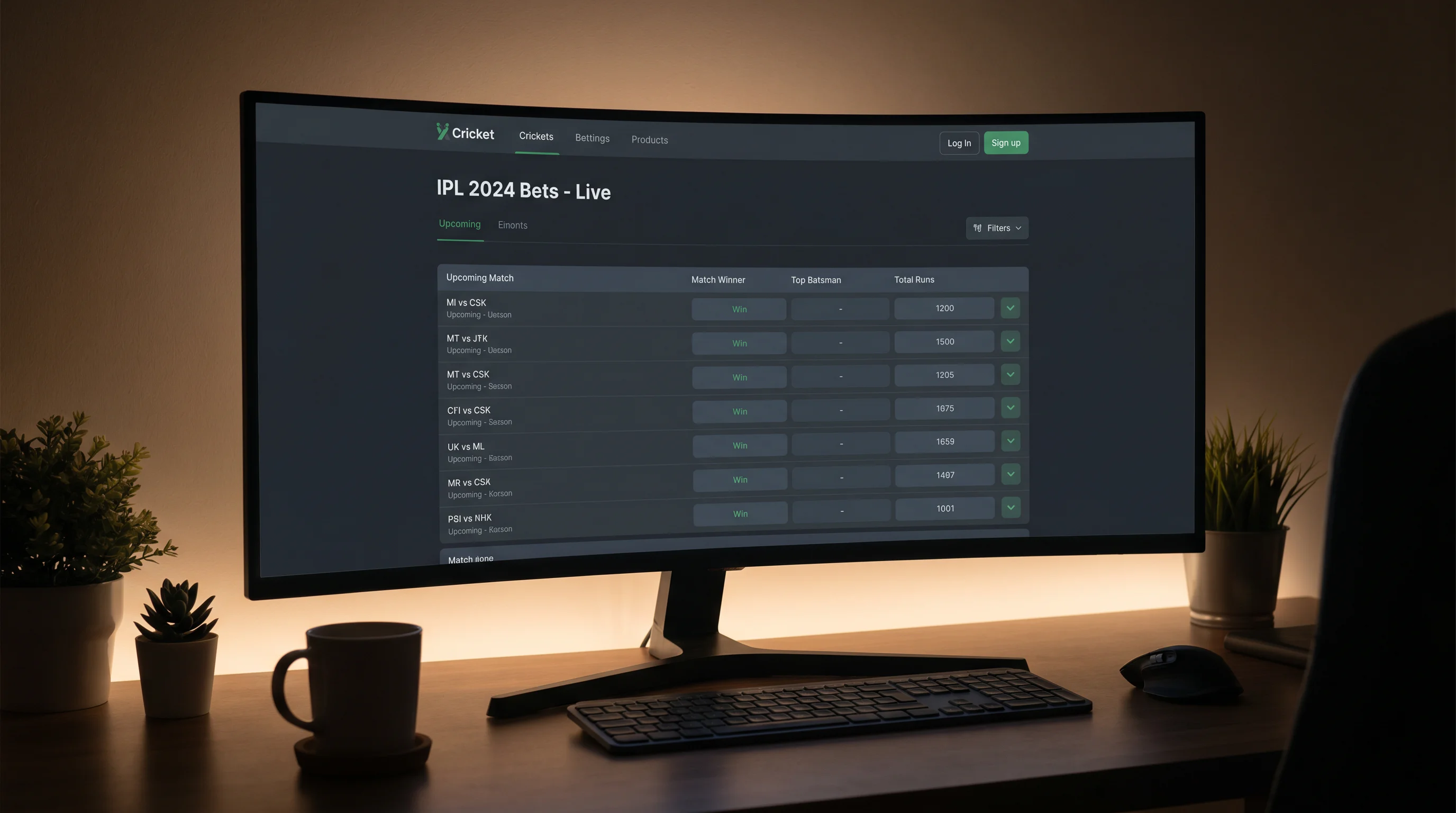 Cricket betting platform displaying multiple IPL match markets on a desktop screen