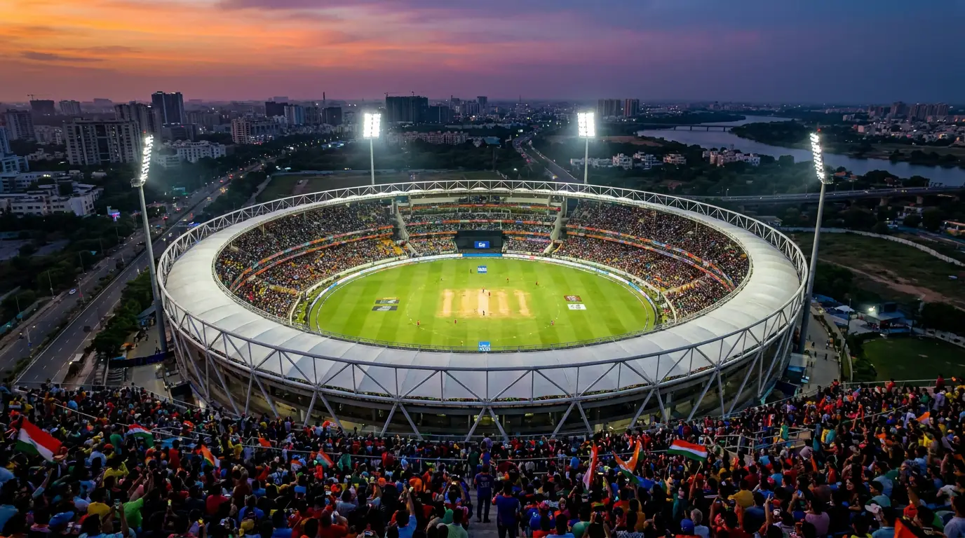 Aerial view of an IPL cricket stadium packed with fans during an evening match