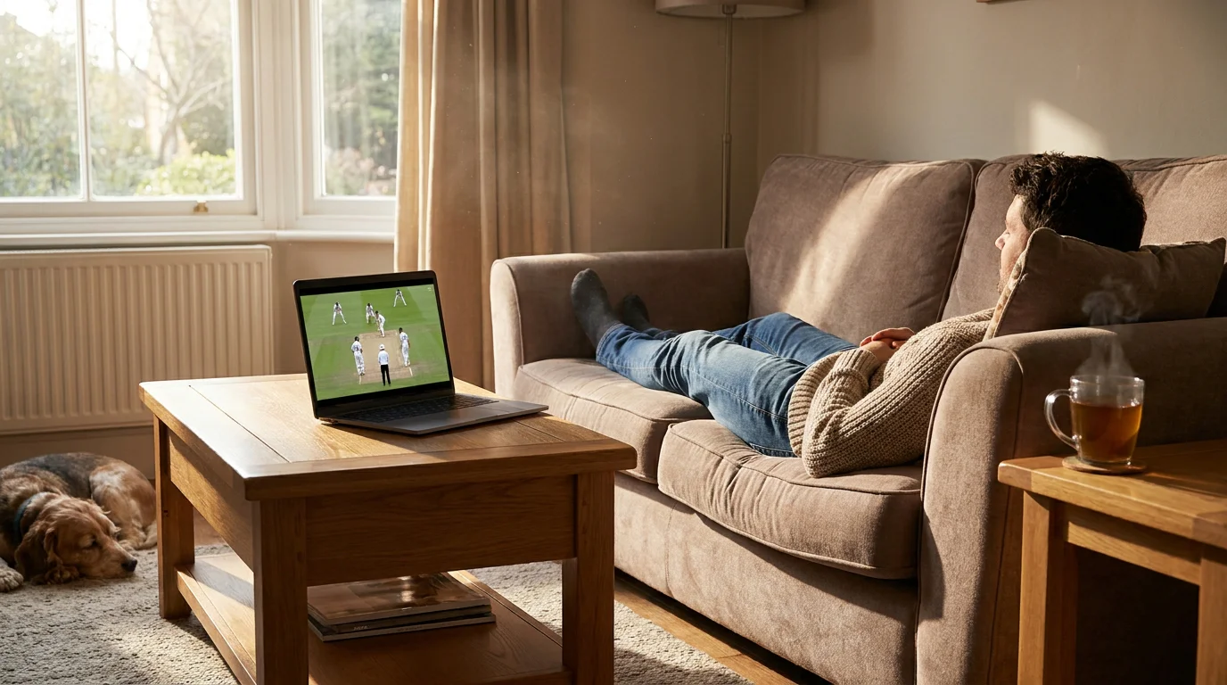 Person watching live cricket on a laptop at home during a weekend afternoon