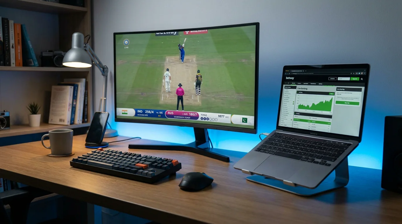 Split setup with cricket streaming on one screen and betting slip open on another