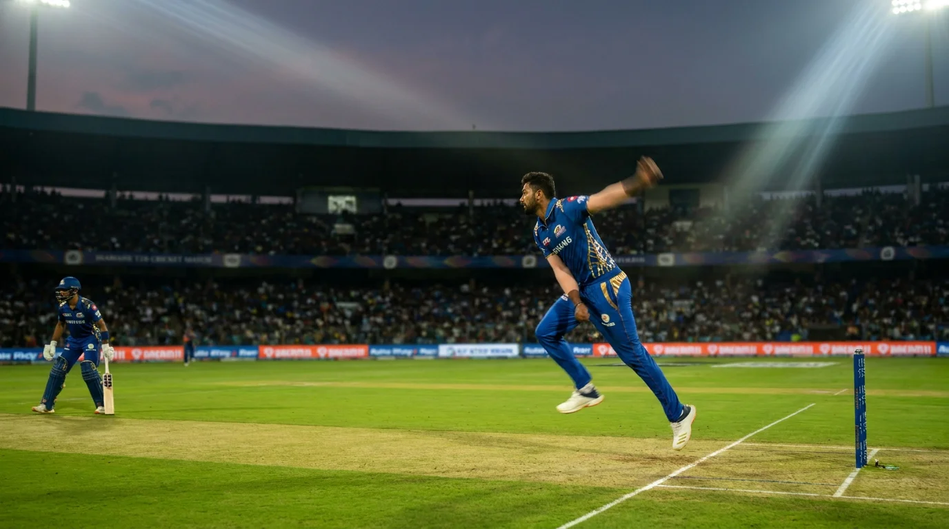 Bowler delivering a cricket ball to a batsman during a floodlit T20 match with the fielding team positioned around the ground